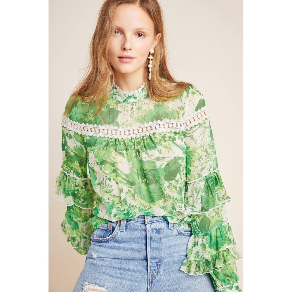 Hope For Flowers By Tracy Reese Angelina Peasant Blouse Womens 10 Green Silk - Picture 4 of 16